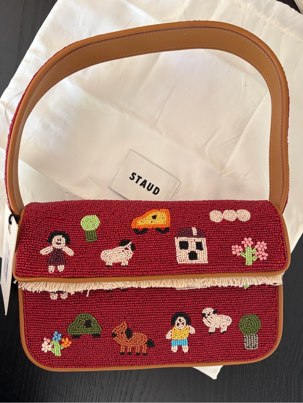 STAUD Staudville Red Beaded Crossbody Bag with Playful Motifs Tommy